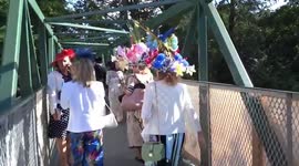 Fancy hats on Ascot Bridge after the races on Ladies Day - Royal Ascot 2018
