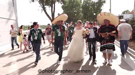 Mexican fans sing along while accompanying Russian newlyweds in Rostov