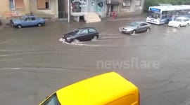Flash flooding in the streets of Skopje, Macedonia