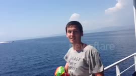 Beautiful sea birds eating straight from his hand!