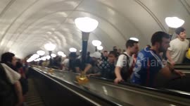 France and Denmark fans chant on Moscow metro