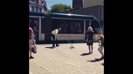 UK community officer helps family of ducks across city centre tramlines