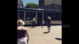 UK community officer helps family of ducks across city centre tramlines