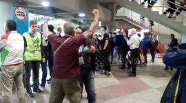 Sparse English fan contingent outside Moscow stadium celebrates winning penalty