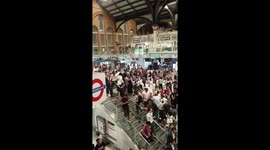 Crowds of England fans celebrate World Cup win over Columbia at Liverpool Street Station,  London