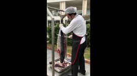 Tuna fish being cut ready to cook