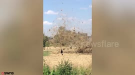 Hot air whips up mass of hay, blowing it around like tornado