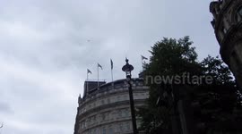!00 years of the RAF air show across London. Euro fighters followed by Stealth Bomers , flying in formation over Trafalgar Square and on down Pall Mall to Buckingham Palace by Jim Connor