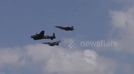 617 Squadron Flypast. Lancaster, Tornado and F-35B Lightning fly in formation for the first time ever
