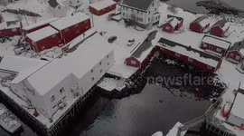 Beautiful aerial view of snowy Lofoten Islands,  Norway