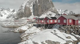 Drone footage of the serene winter fishing village in Lofoten Islands