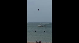 Super Hotdogger JetPack man flying over Lake Michigan in Chicago
