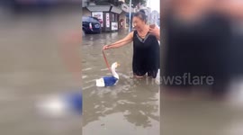 Woman takes goose for walk on flooded street in China