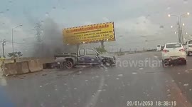 Two pickup trucks have almost identical crashes within moments of each other