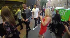 Mike Thallasitis, Theo Campbell and Tyla Carr arrive at the Love Island Party