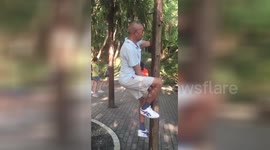 Chinese elderly man hangs on tree and cycles in air