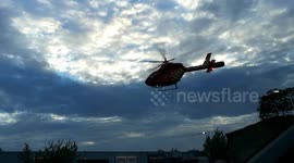 Air ambulance helicopter attempting to land at Aldi car park on Lea Bridge Road