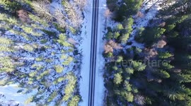 Swedish winter forrest from above, car passing on road.