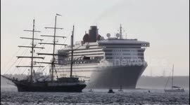 Cunards 3 Cruise Ships Leaving Southampton sailing past Cowes, Isle of Wight.