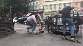Skateboarder cameraman risks it all to film pal