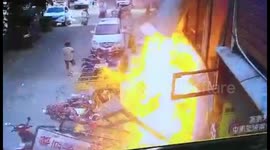 Passerby engulfed by fire when gas cylinder explodes