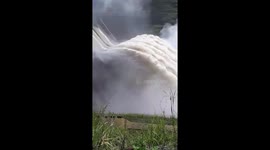 Moment of Hydropower dam drainage water because of heavy rain after the storm