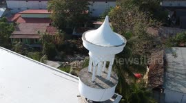 drone footage of a mosque destroyed by a magnitude 7.0 earthquake on the island of gili trawangan, lombok, indonesia, august 2018