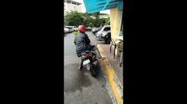 Nervous dog jumps onto the back of master's motorcycle