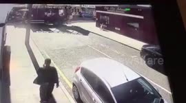 A massive rubbish truck was caught on camera ramming into a parked car - and smashing it back more than 30 feet.
