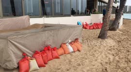 Sandbags in front of Hotel in Waikiki to keep Hotel from flooding through hurricane Lane