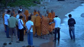 Thai monks on beach releasing fish.