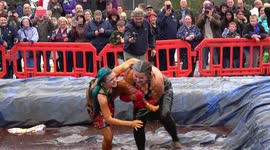 Wrestlers fight in GRAVY at world championships in Lancashire