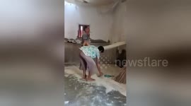 Flour stepped under feet sprinkled on noodles