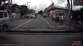 Truck Knocks Over Counter-Flowing Motorbike Rider