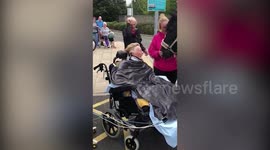 Moment an equestrian who broke her neck when she fell off her horse was reunited with it - in a hospital car park