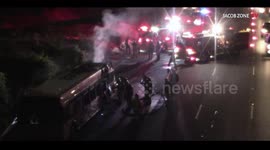 Bus catches fire on southbound Interstate 70 in Compton