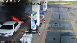 Car bursts into flames at petrol station