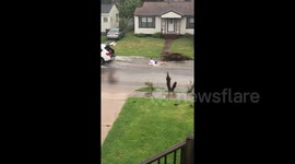Surf's up! Neighbors take to flooded street on surfboard in Galveston, Texas