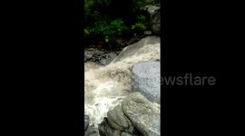 Indian children risk life to cross flooded stream to go to school