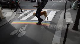 06 september 2018. Le Marais, the gay quarter of Paris. After a recent vandalization of a pedestrian passage containing the gay flag colors, the Mayor Anne HIDALGO decided to paint more pedestrian paths.