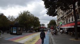 6 september 2018.Paris 20th district. The famous terrace of the Café Martin (Place Martin Nadaud, Paris,France)with its multicolored strips one the street floor