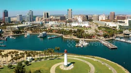 Drone flight around lighthouse in Long Beach California