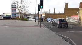 Flooded road after a heavy downpour from Storm Eleanor