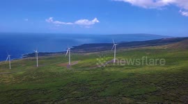 Aerial view of wind mills and the ocean
