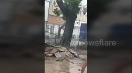 Upturned trees, a falling crane and pedestrians swept off their feet in Typhoon Mangkhut