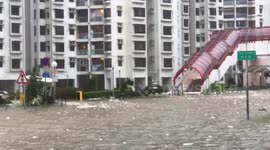 Residential estate completely flooded after Typhoon Mangkhut's historical rainfall in Hong Kong