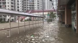 Residential estate completely flooded after Typhoon Mangkhut's historical rainfall in Hong Kong
