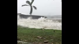 Boat being battered by Typhoon Mangkhut.