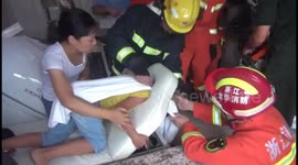 Boy gets head stuck in massage couch
