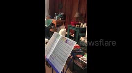 Poodle sings along during owner's saxophone lesson